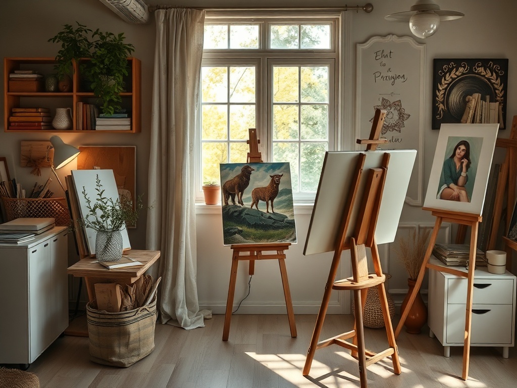 Уютная художественная мастерская с эскимошками и картинами, освещенная естественным светом.