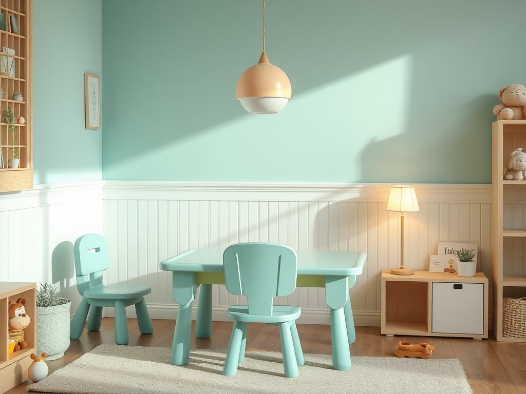 Уютная комната с мятным цветом, детским столом и стульями, светильником и shelving с игрушками.