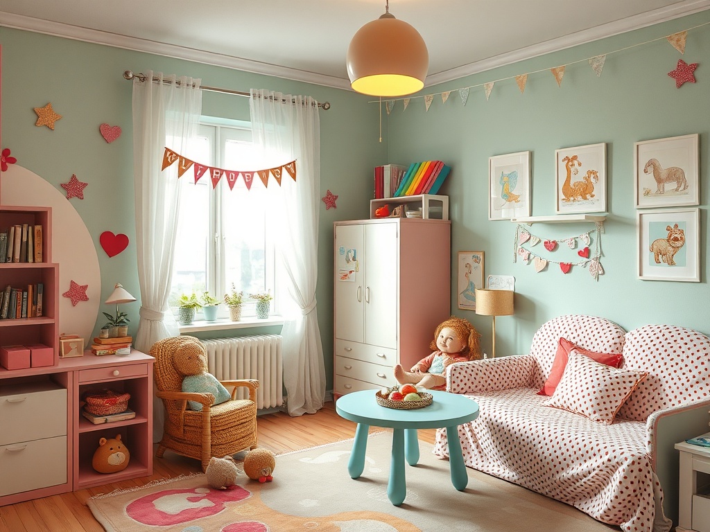 Детская комната с пастельными цветами, мягкой мебелью и игрушками, оформленная в игривом стиле.