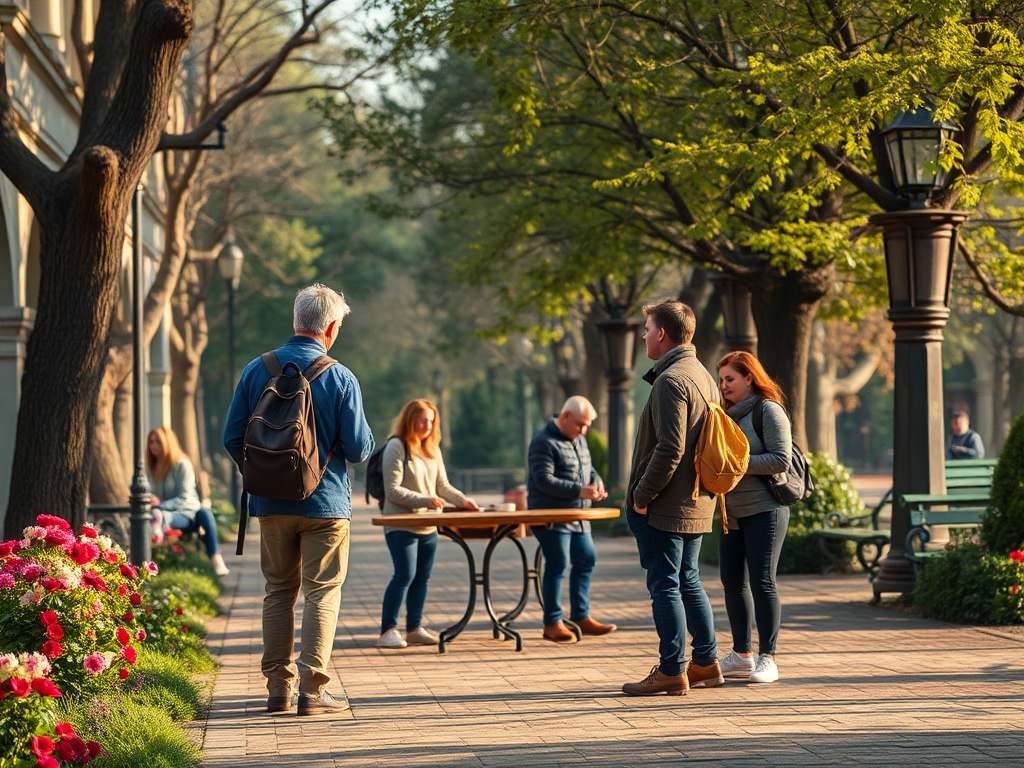 В парке группа людей общается около стола с цветами и деревьями вокруг. Погода солнечная и ясная.