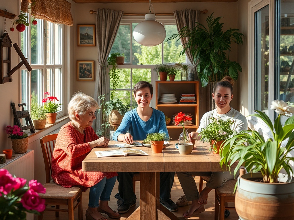 Трое людей сидят за столом в светлом помещении с растениями, наслаждаясь временем друг с другом.
