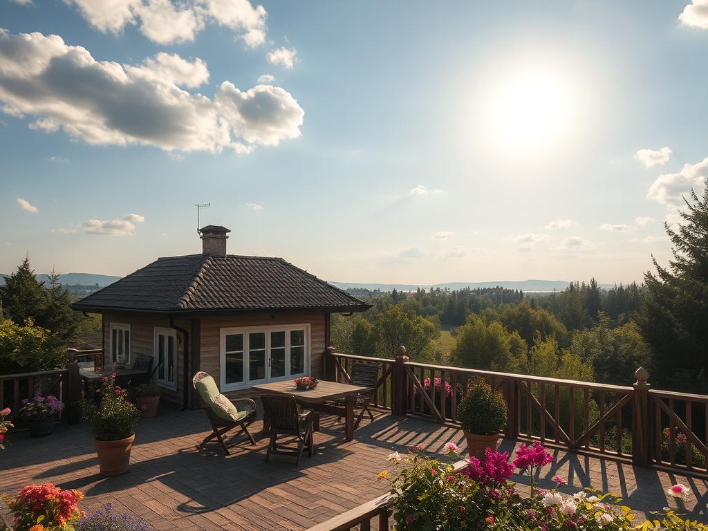 На веранде деревянного дома стоят стол и стулья, вокруг цветы и зеленые деревья, яркое солнце на небе.